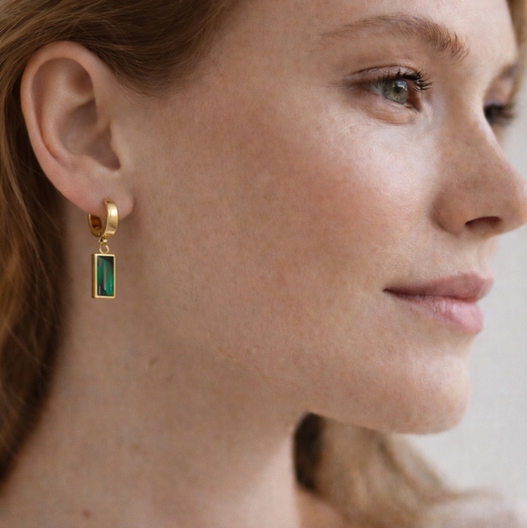 Emerald Green Drop Huggie Earrings | Gold Tone | Modern Vintage Luxe - Picture 4 of 4